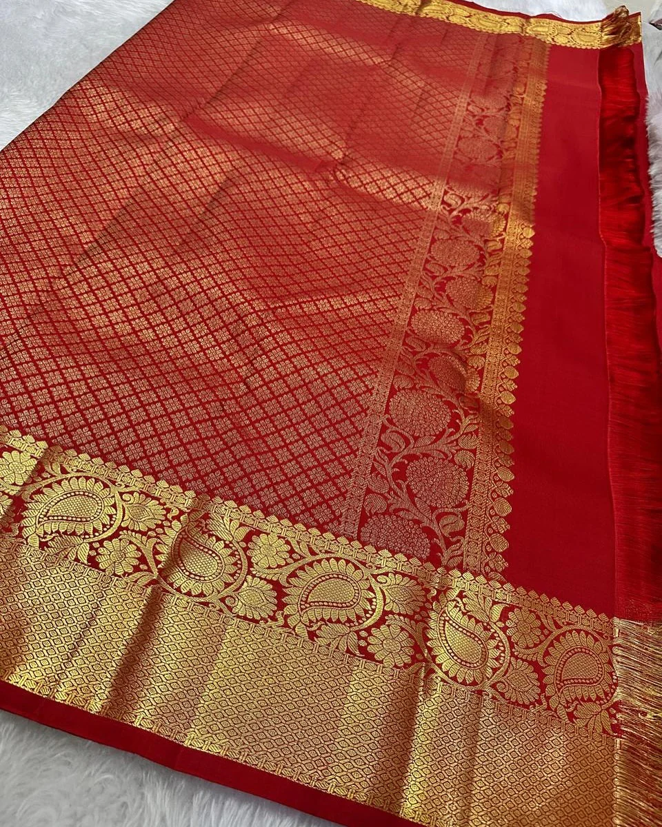Assemblage Red Soft Banarasi Silk Saree With Delightful Blouse Piece - Image 5