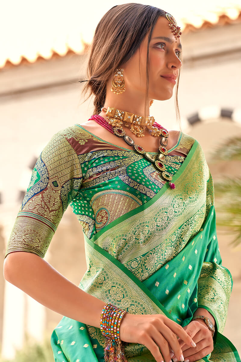 Assemblage Sea Green Soft Banarasi Silk Saree With Dissemble Blouse Piece - Image 2