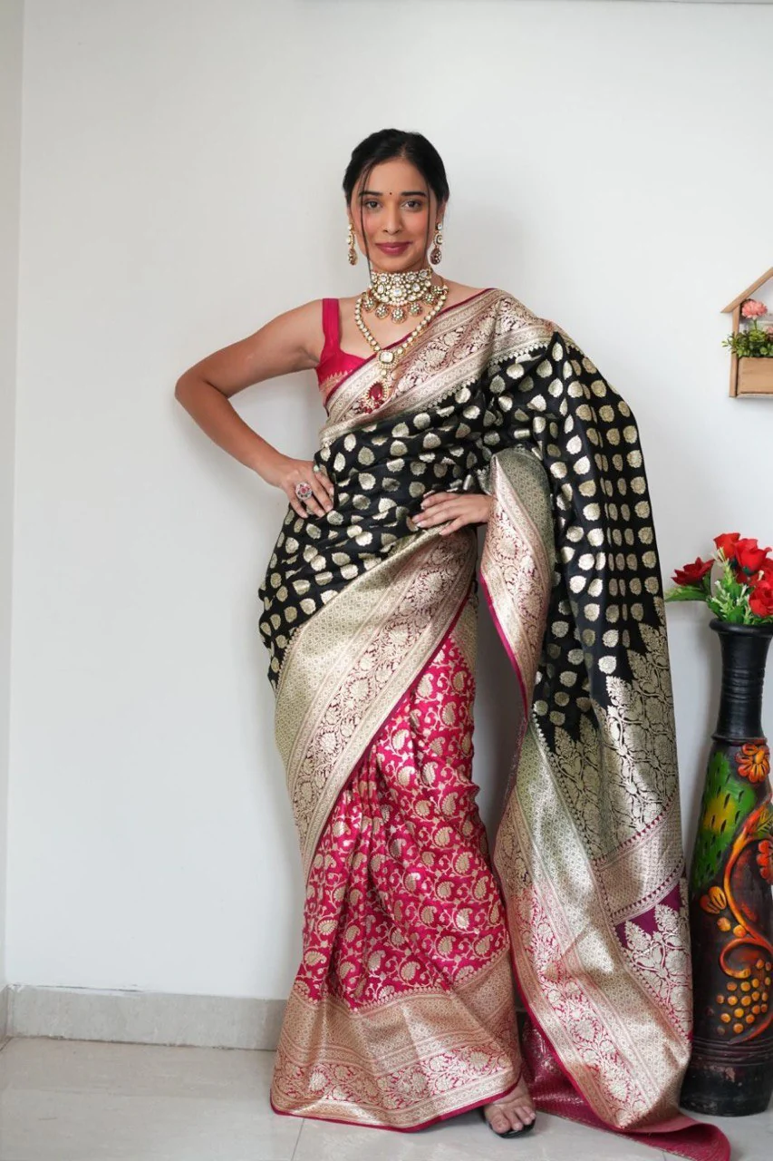 Attractive 1-Minute Ready To Wear Black Soft Silk Saree - Image 2