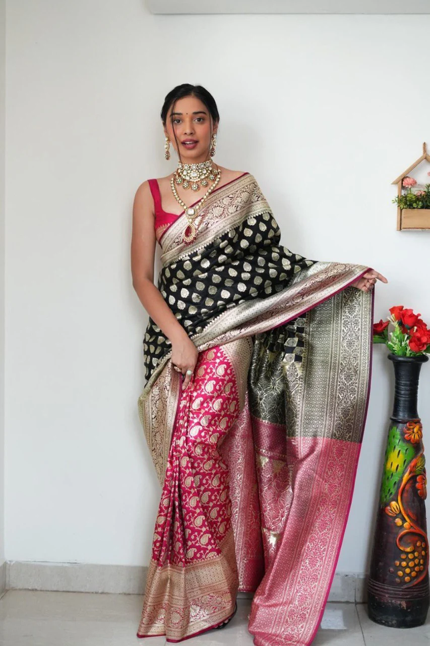 Attractive 1-Minute Ready To Wear Black Soft Silk Saree - Image 3