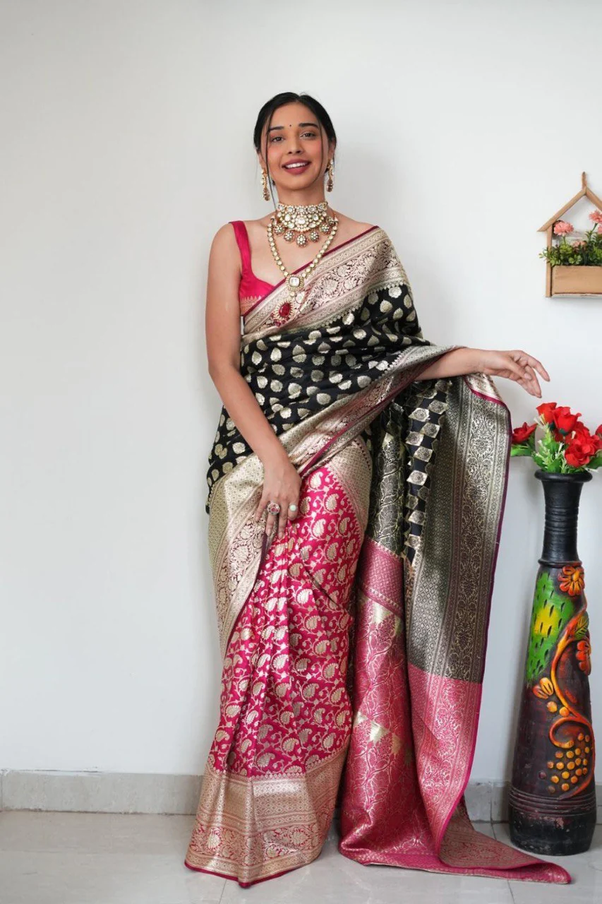 Attractive 1-Minute Ready To Wear Black Soft Silk Saree - Image 4