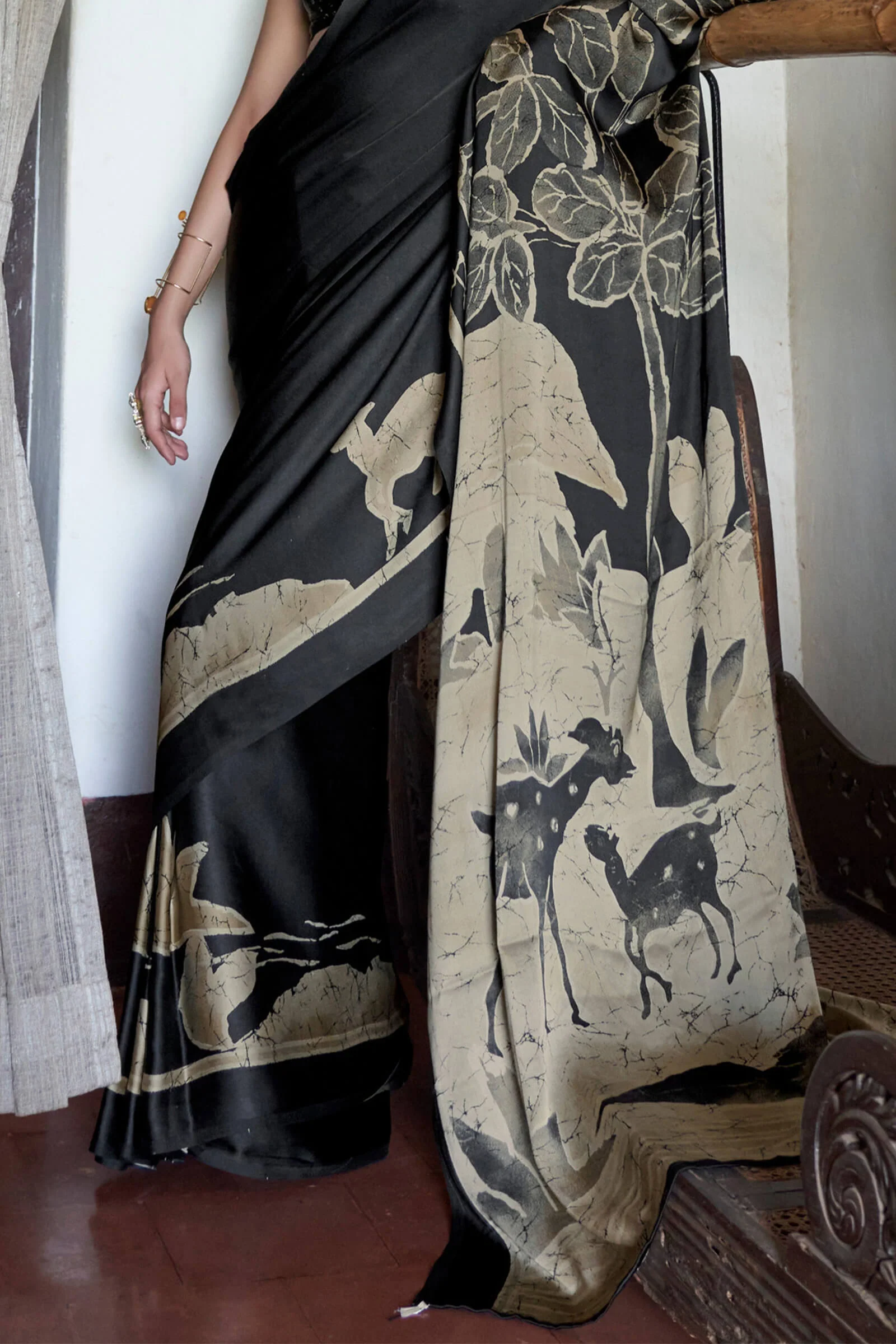 Attractive Beige and Black Digital Printed Satin Silk Saree With Beguiling Blouse Piece - Image 3