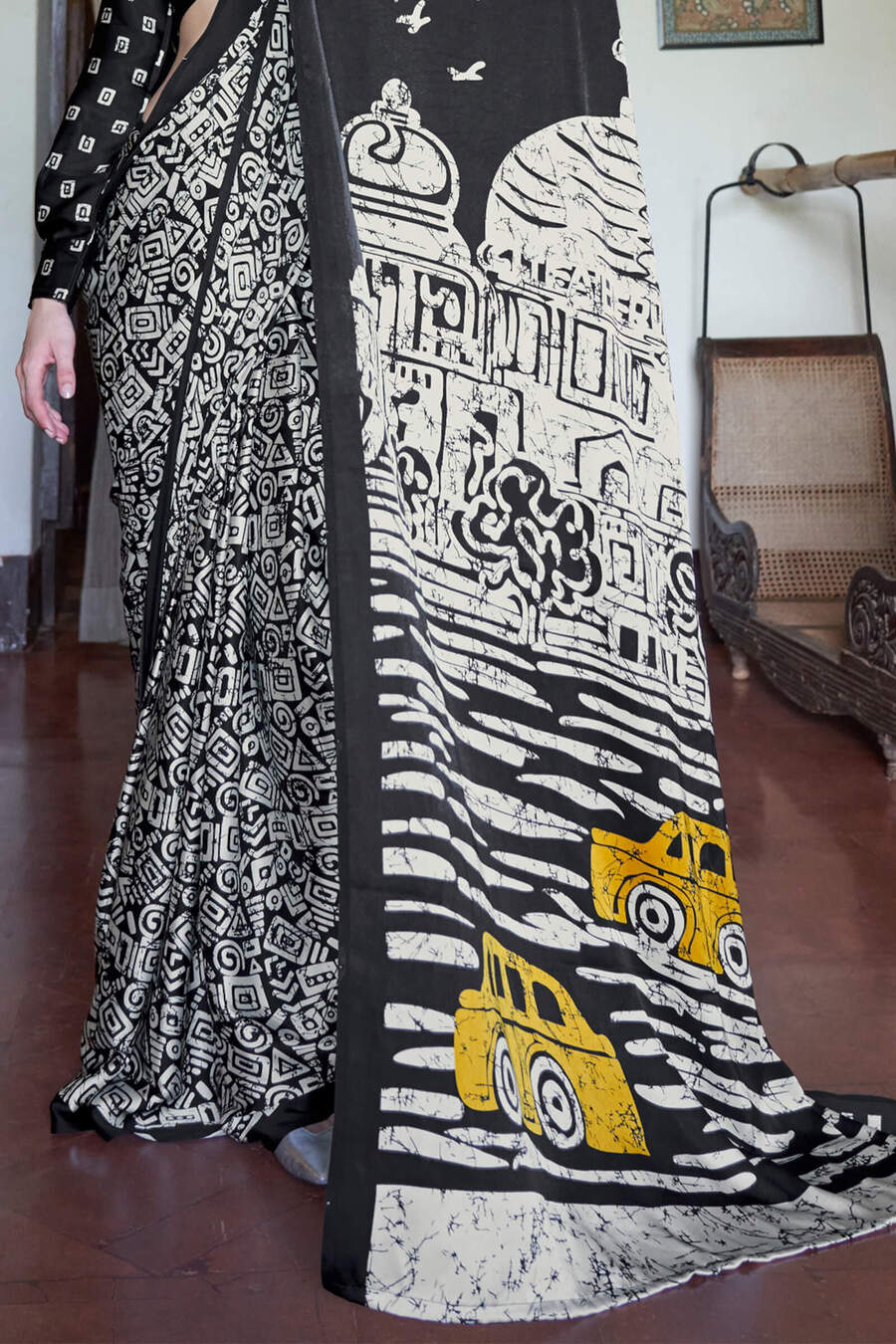 Attractive Beige and Black Digital Printed Satin Silk Saree With Smashing Blouse Piece - Image 3