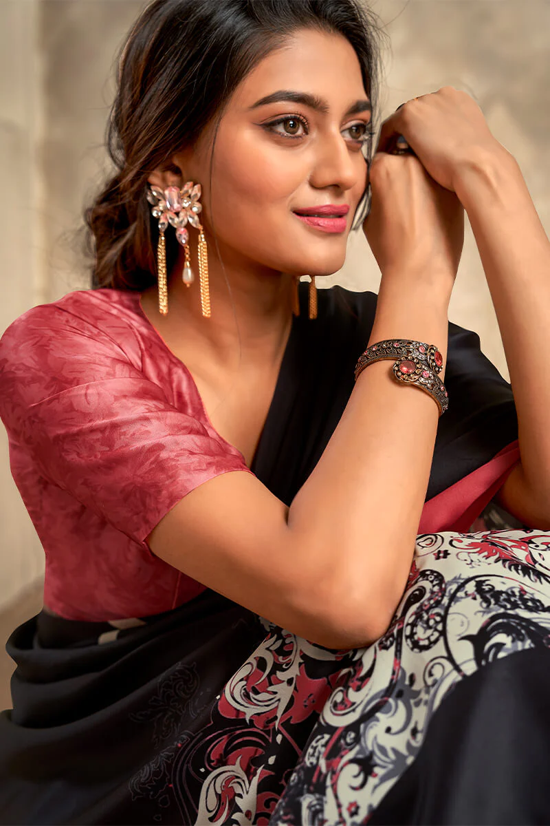 Attractive Black Digital Printed Satin Silk Saree With Skinny Blouse Piece - Image 2