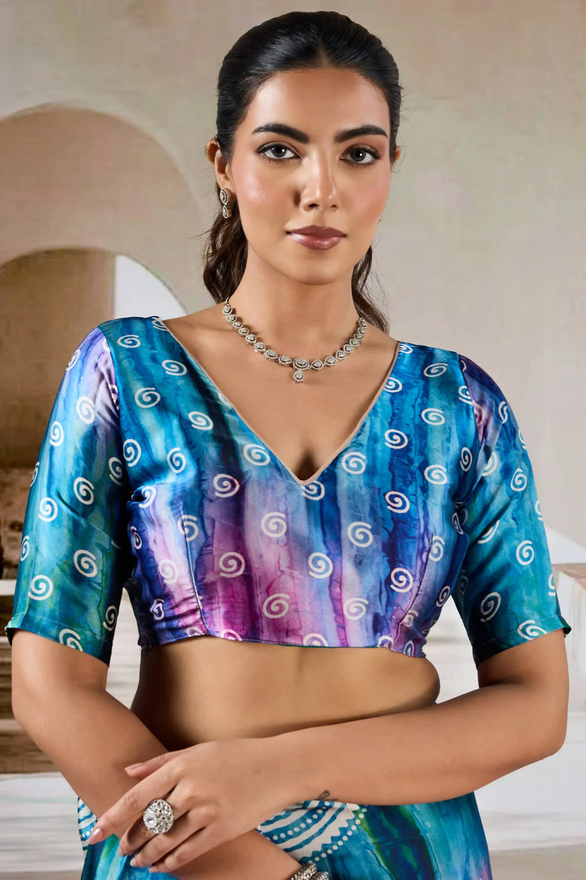 Attractive Blue Digital Printed Satin Silk Saree With Fantabulous Blouse Piece - Image 4