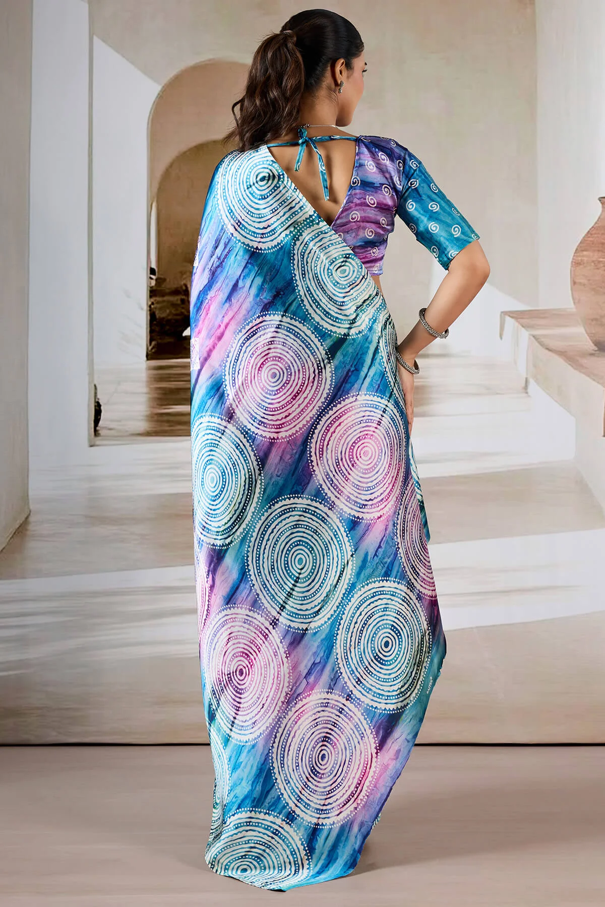 Attractive Blue Digital Printed Satin Silk Saree With Fantabulous Blouse Piece - Image 6