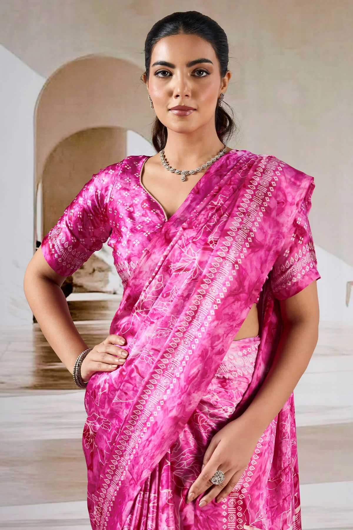 Attractive Dark Pink Digital Printed Satin Silk Saree With Arresting Blouse Piece - Image 2