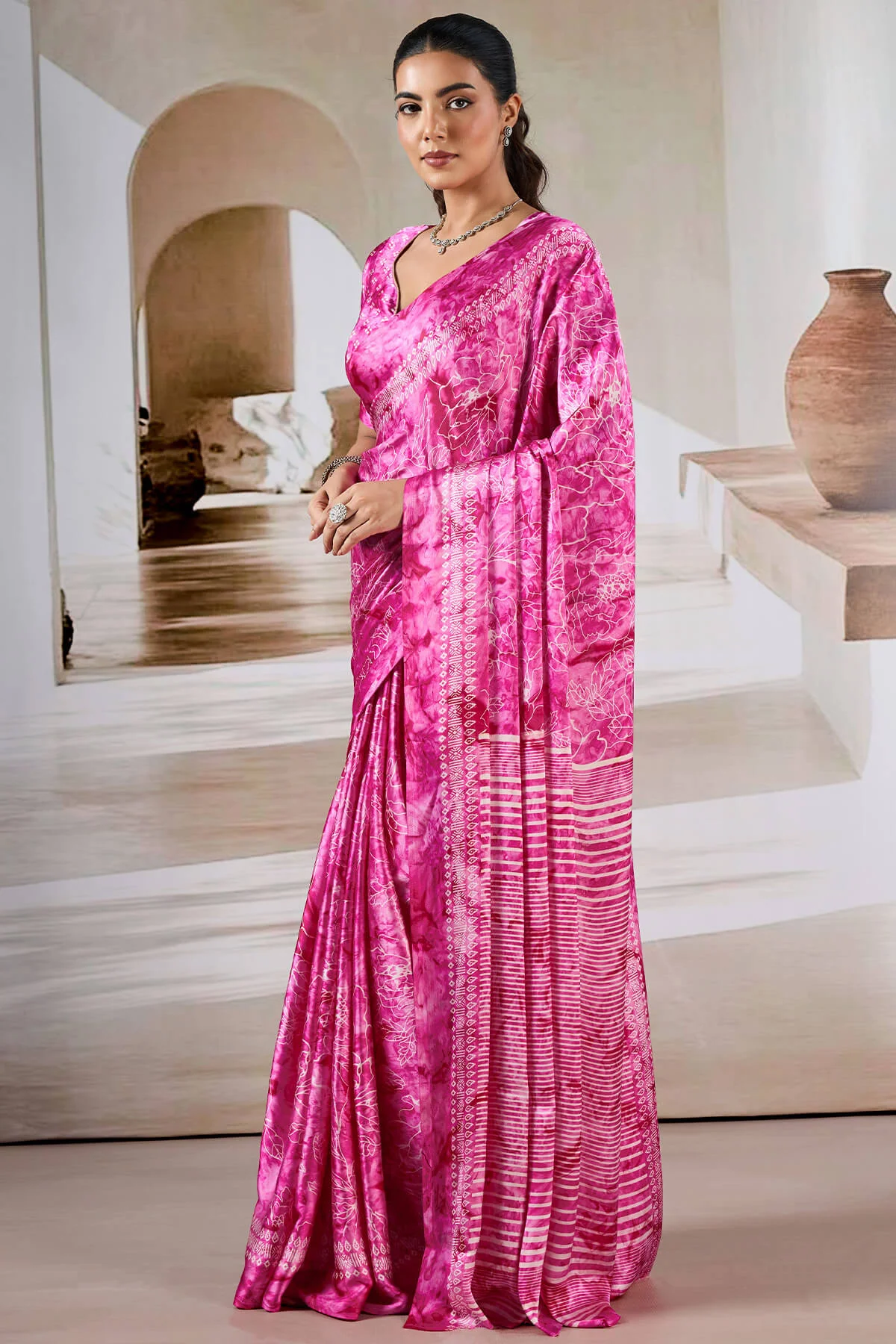 Attractive Dark Pink Digital Printed Satin Silk Saree With Arresting Blouse Piece - Image 3