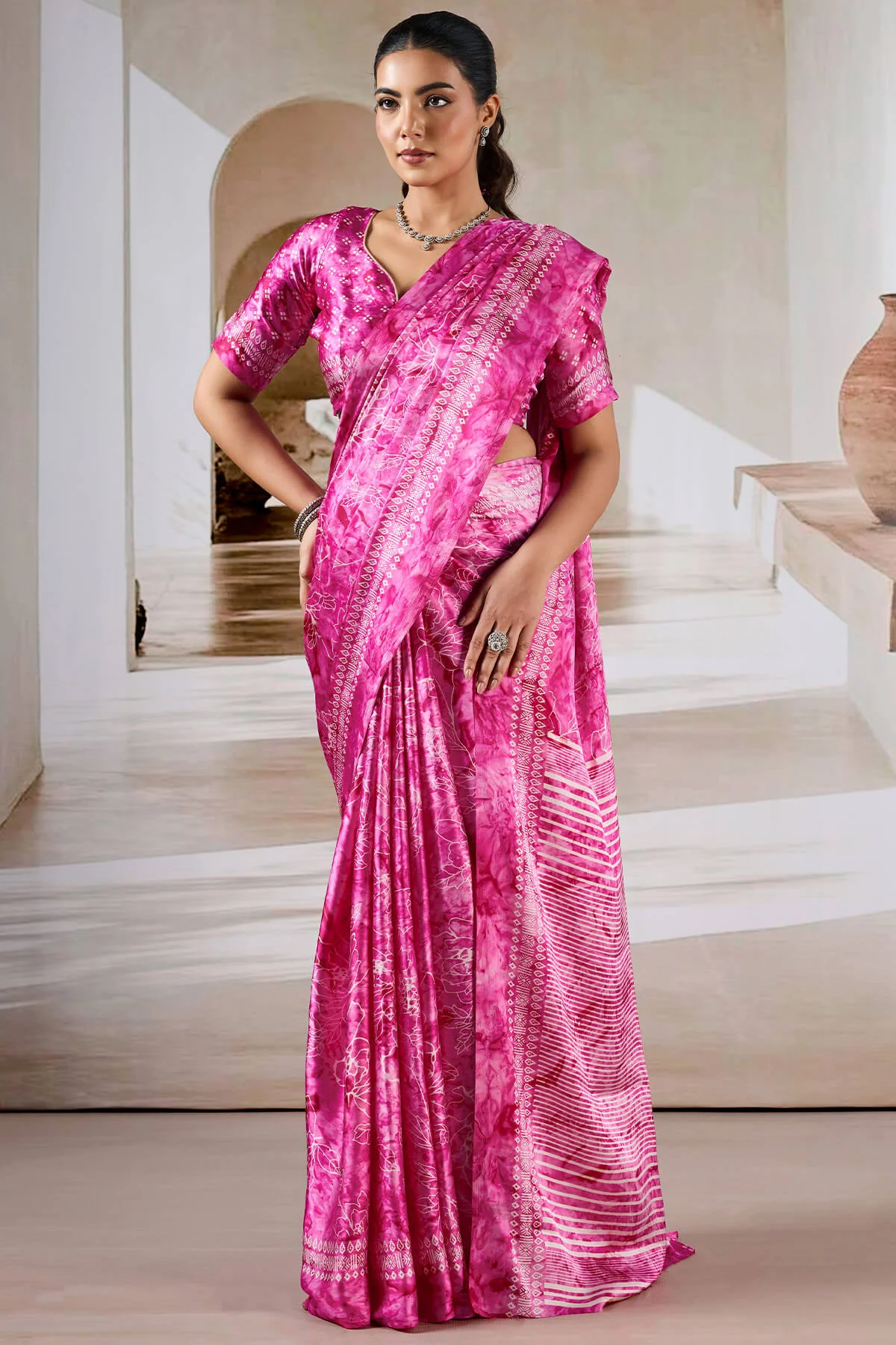 Attractive Dark Pink Digital Printed Satin Silk Saree With Arresting Blouse Piece - Image 5
