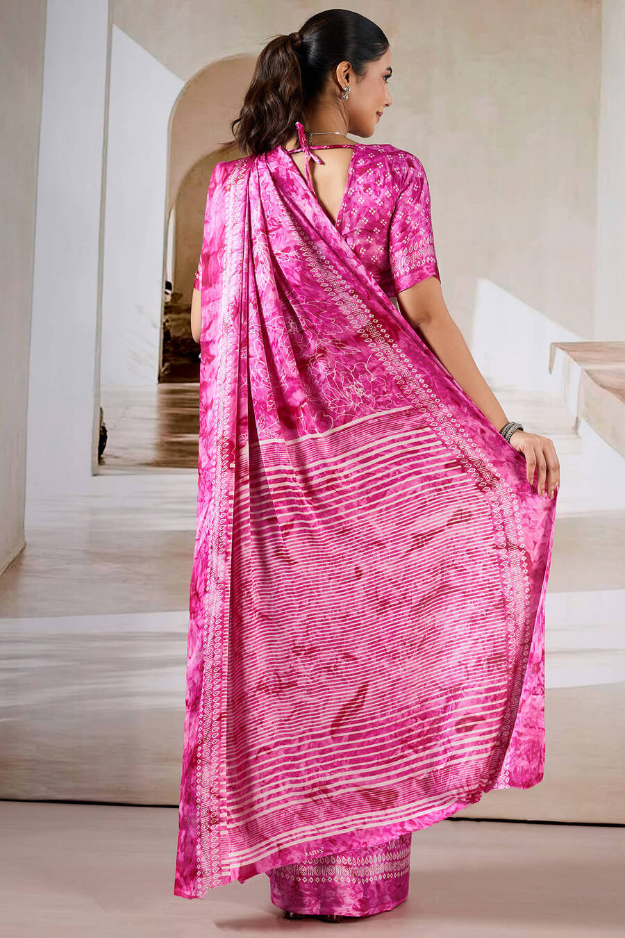 Attractive Dark Pink Digital Printed Satin Silk Saree With Arresting Blouse Piece - Image 6
