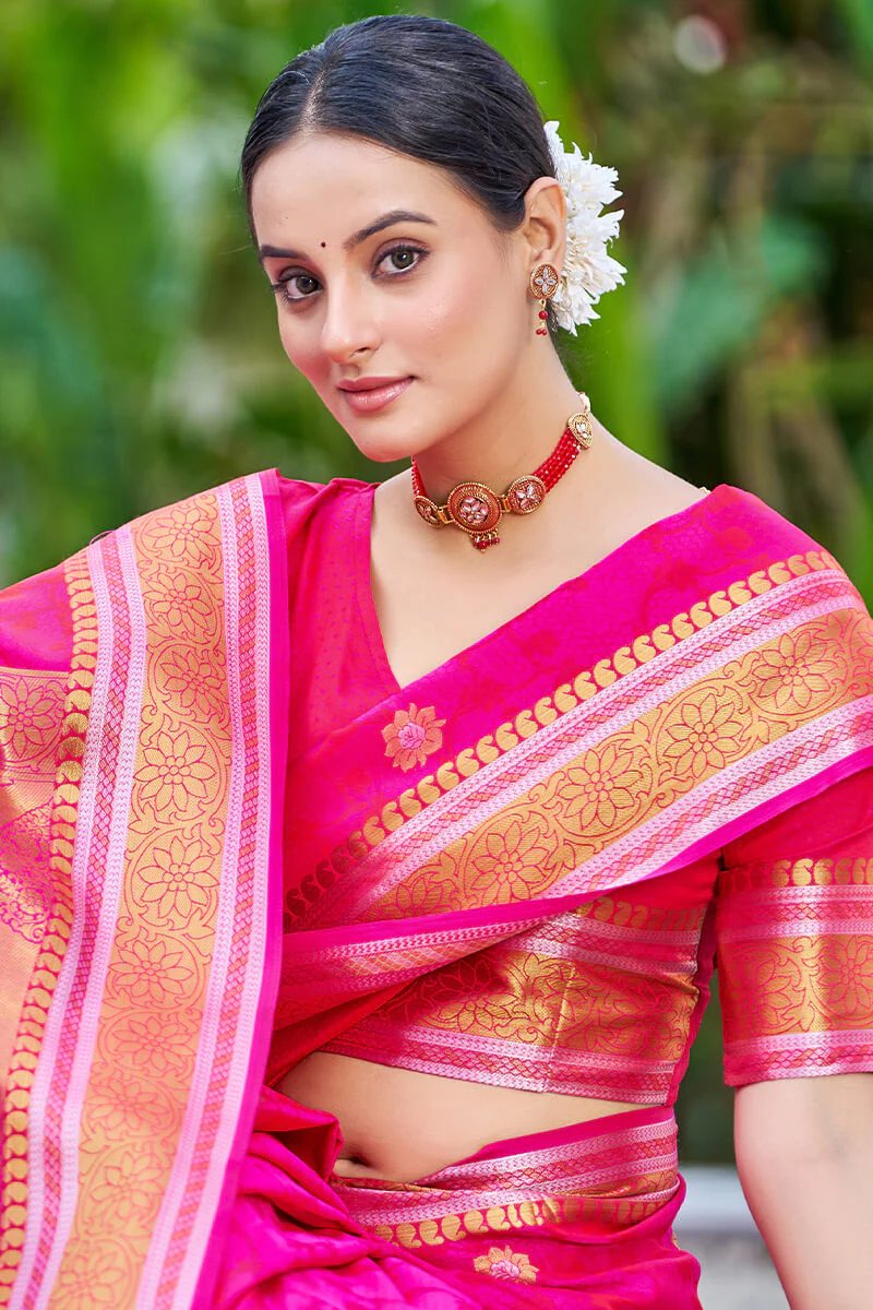 Attractive Dark Pink Kanjivaram Silk Saree With Ideal Blouse Piece - Image 2