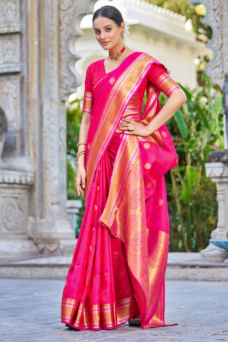 Attractive Dark Pink Kanjivaram Silk Saree With Ideal Blouse Piece - Image 6