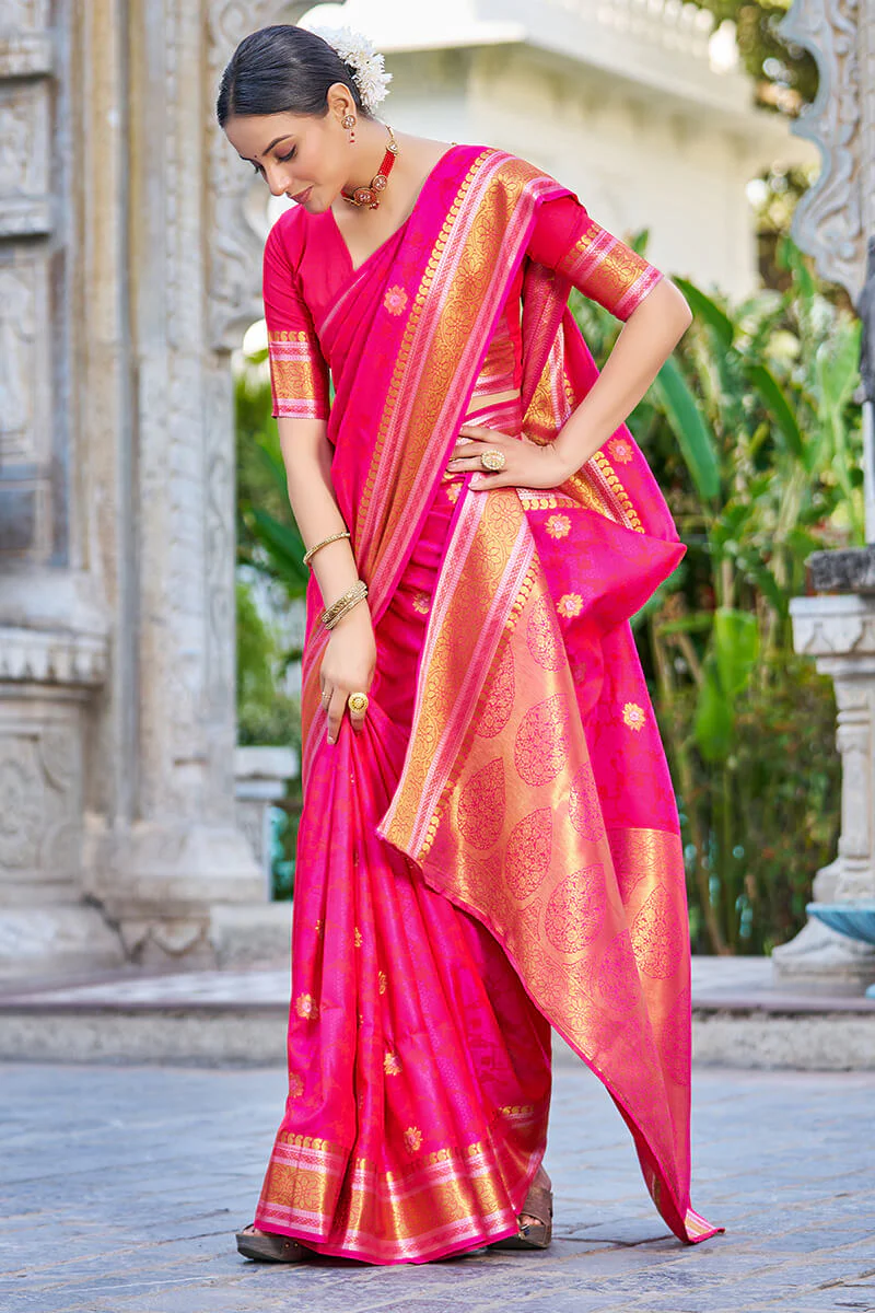 Attractive Dark Pink Kanjivaram Silk Saree With Ideal Blouse Piece - Image 7