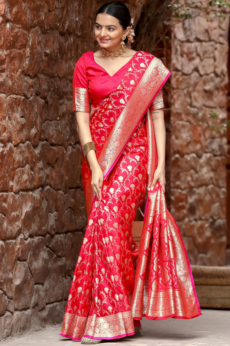 Attractive Dark Pink Soft Banarasi Silk Saree With Amazing Blouse Piece - Image 5