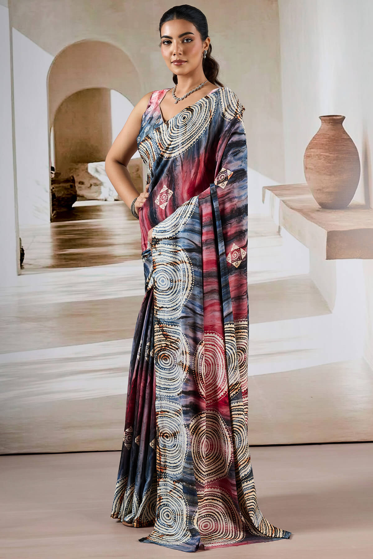 Attractive Grey Digital Printed Satin Silk Saree With Deserving Blouse Piece - Image 3