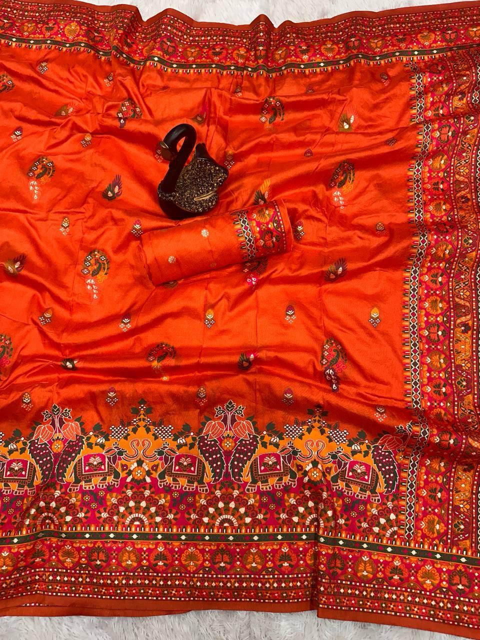 Attractive Orange Pashmina Saree With Sumptuous Blouse Piece - Image 2