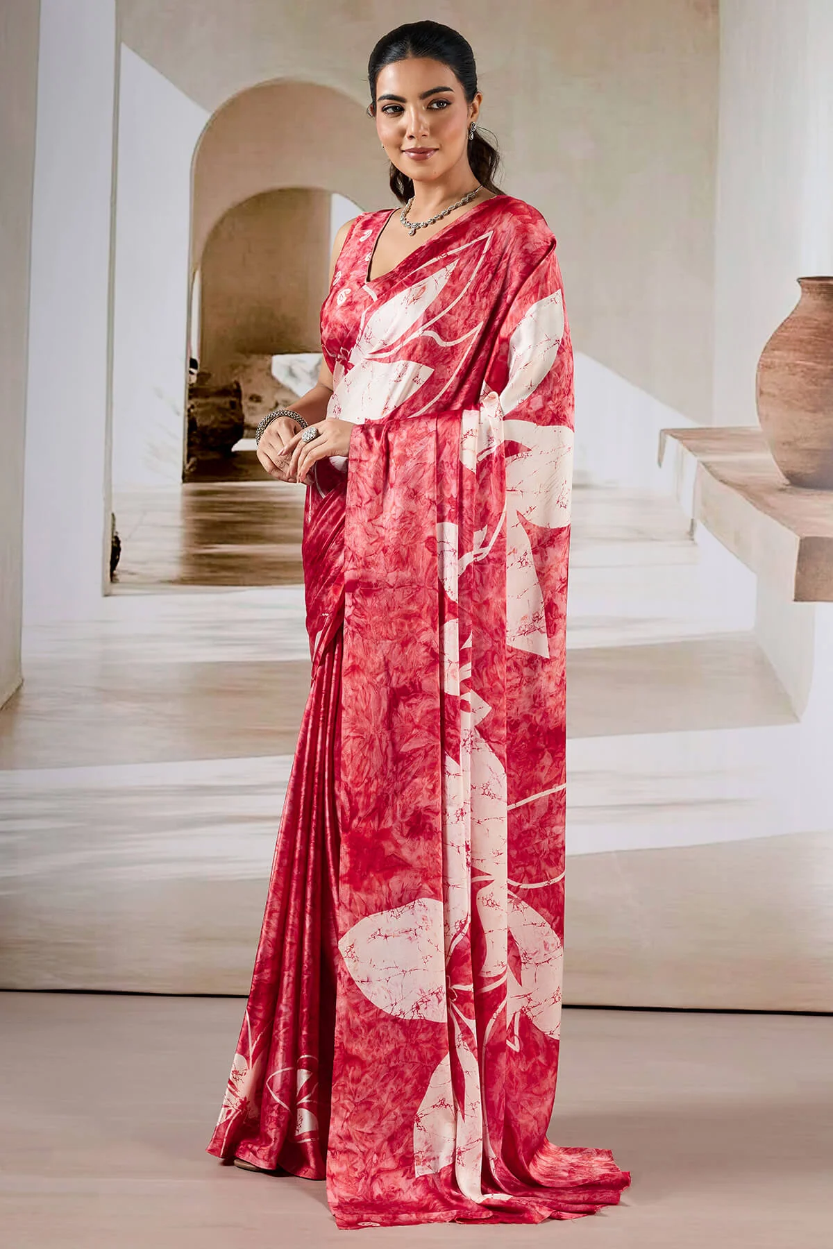 Attractive Red Digital Printed Satin Silk Saree With Nebula Blouse Piece - Image 5