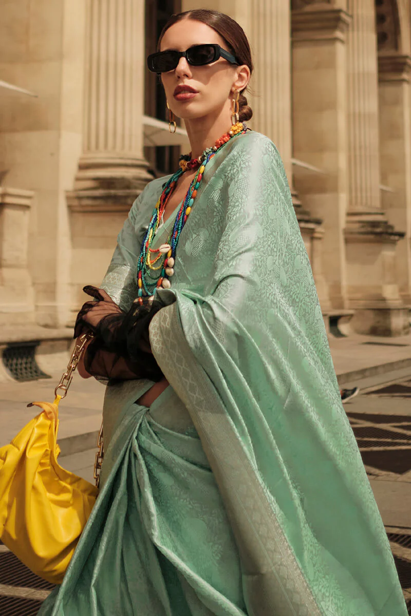 Attractive Sea Green Soft Banarasi Silk Saree With Whimsical Blouse Piece - Image 2