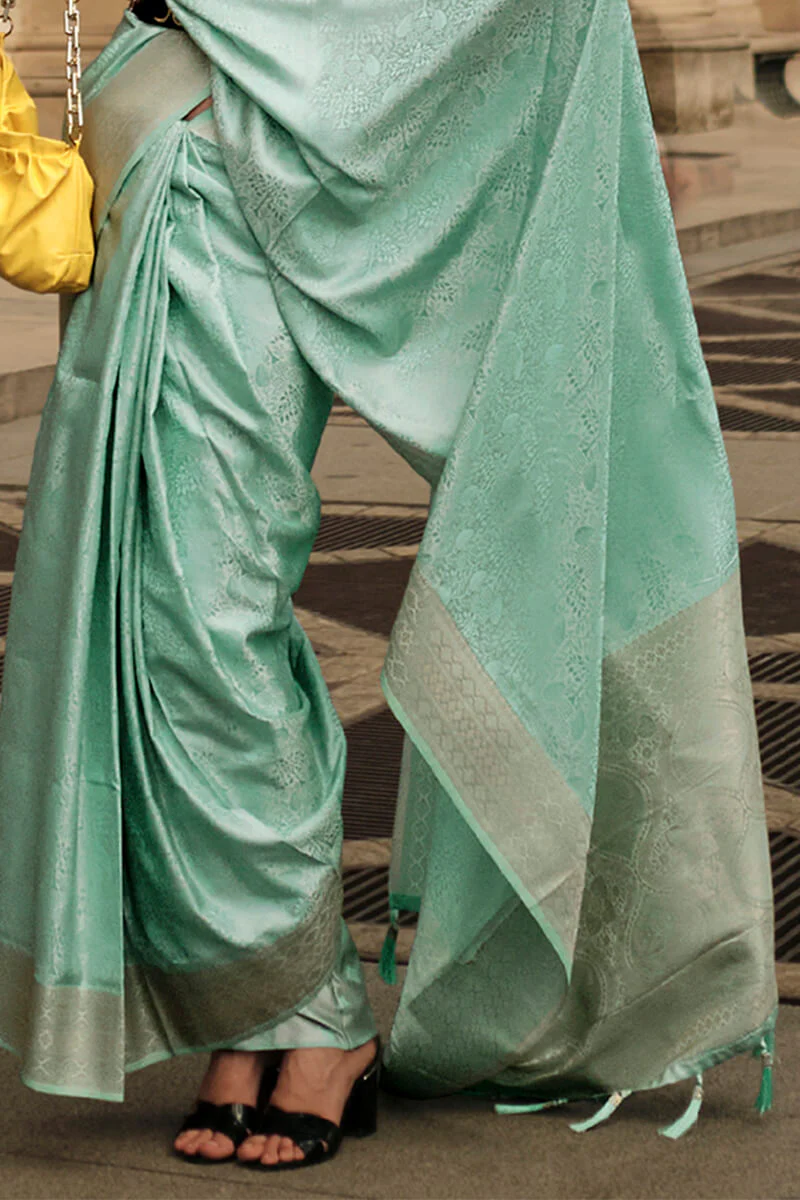 Attractive Sea Green Soft Banarasi Silk Saree With Whimsical Blouse Piece - Image 3