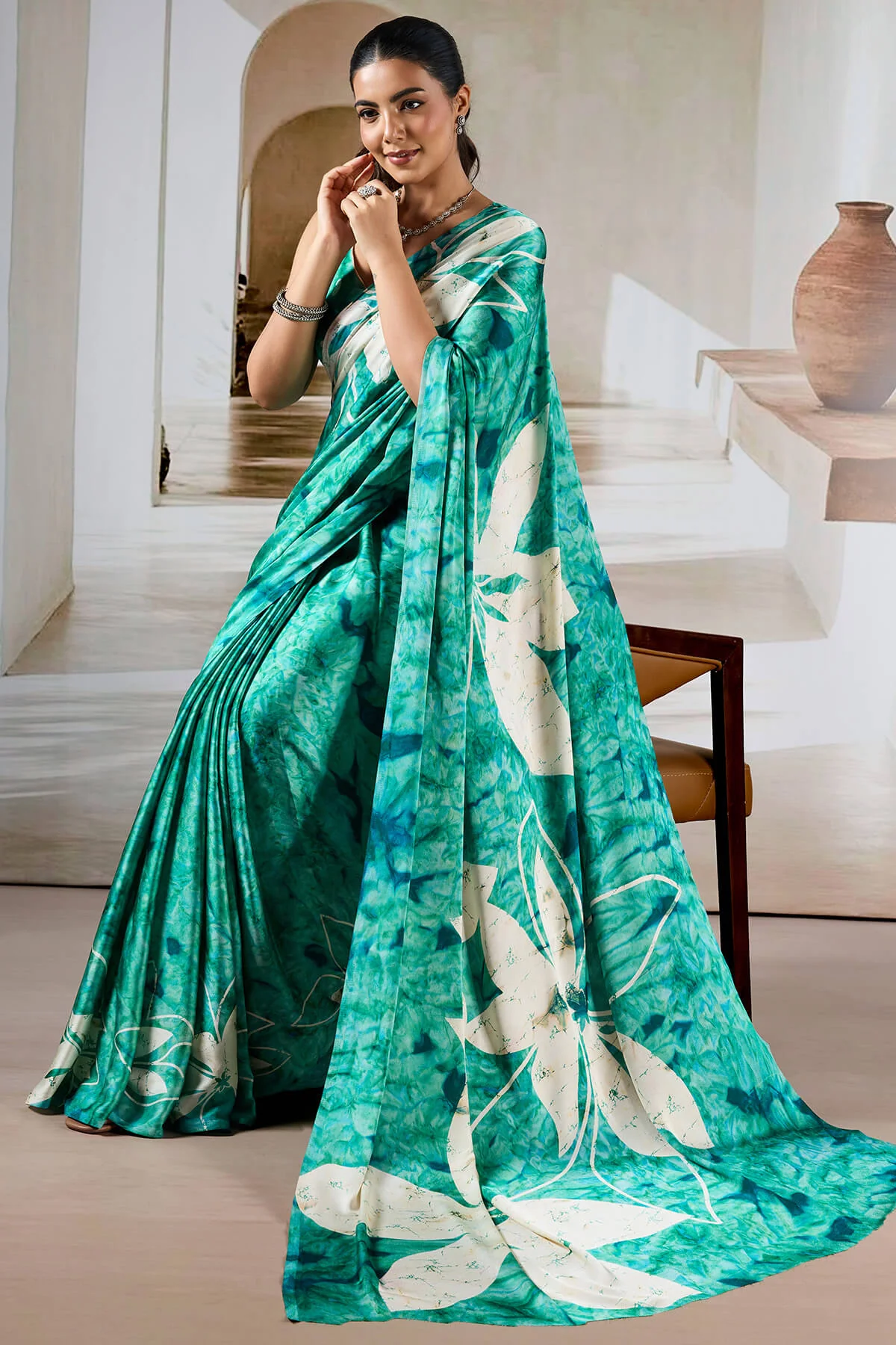 Attractive Turquoise Digital Printed Satin Silk Saree With Amazing Blouse Piece - Image 5