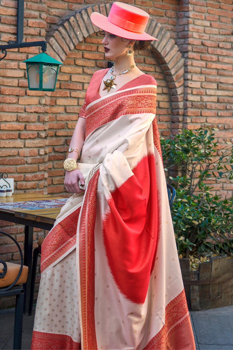 Beauteous Beige and Red Soft Banarasi Silk Saree With Divine Blouse Piece - Image 2