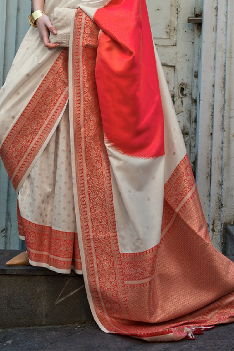 Beauteous Beige and Red Soft Banarasi Silk Saree With Divine Blouse Piece - Image 3