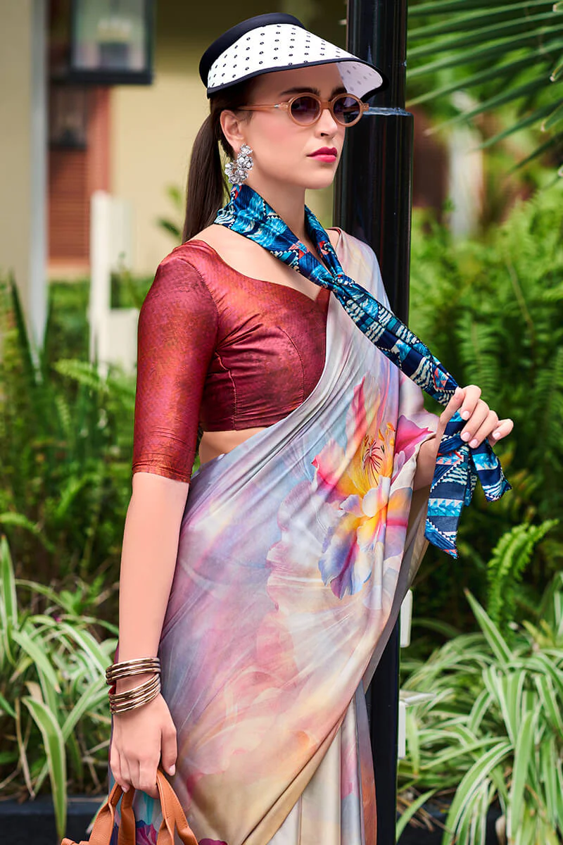 Beauteous Grey Digital Printed Satin Silk Saree With Demesne Blouse Piece - Image 2