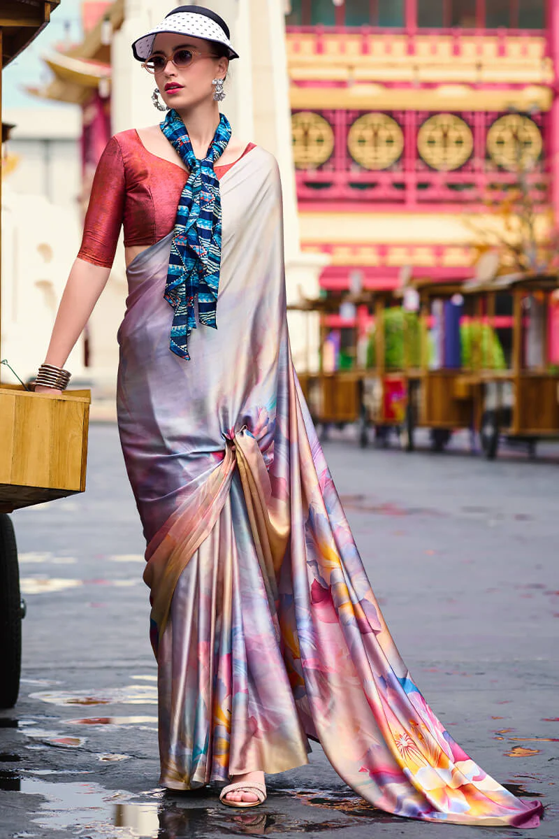 Beauteous Grey Digital Printed Satin Silk Saree With Demesne Blouse Piece - Image 3