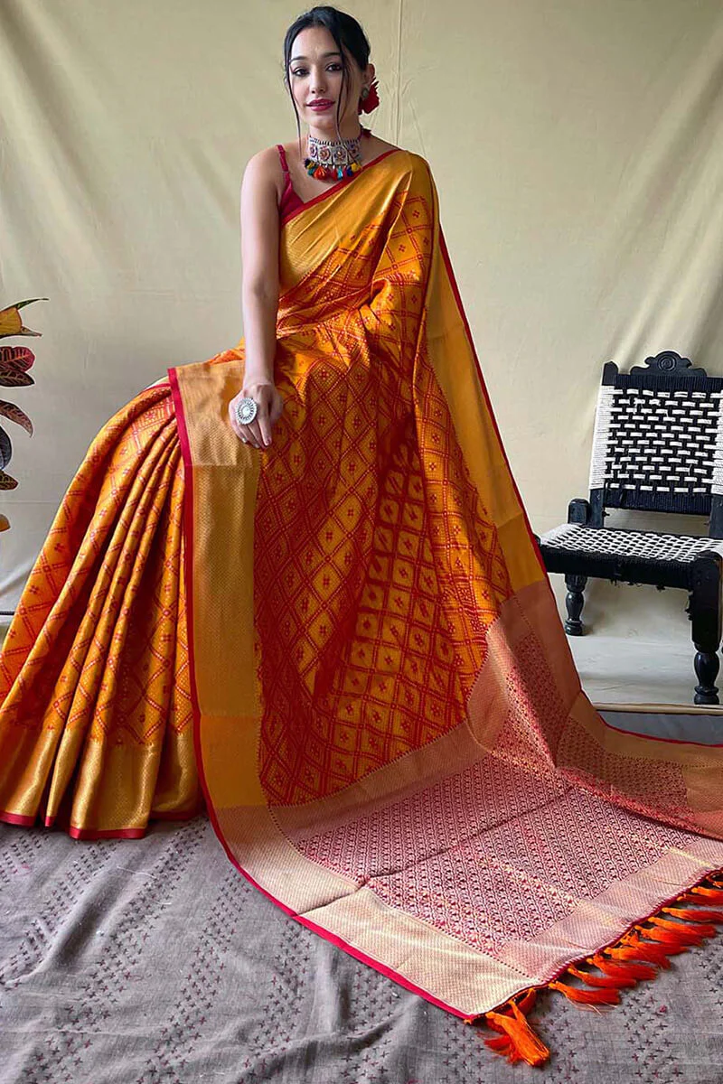 Beauteous Mustard Patola Silk Saree with Delectable Blouse Piece - Image 3