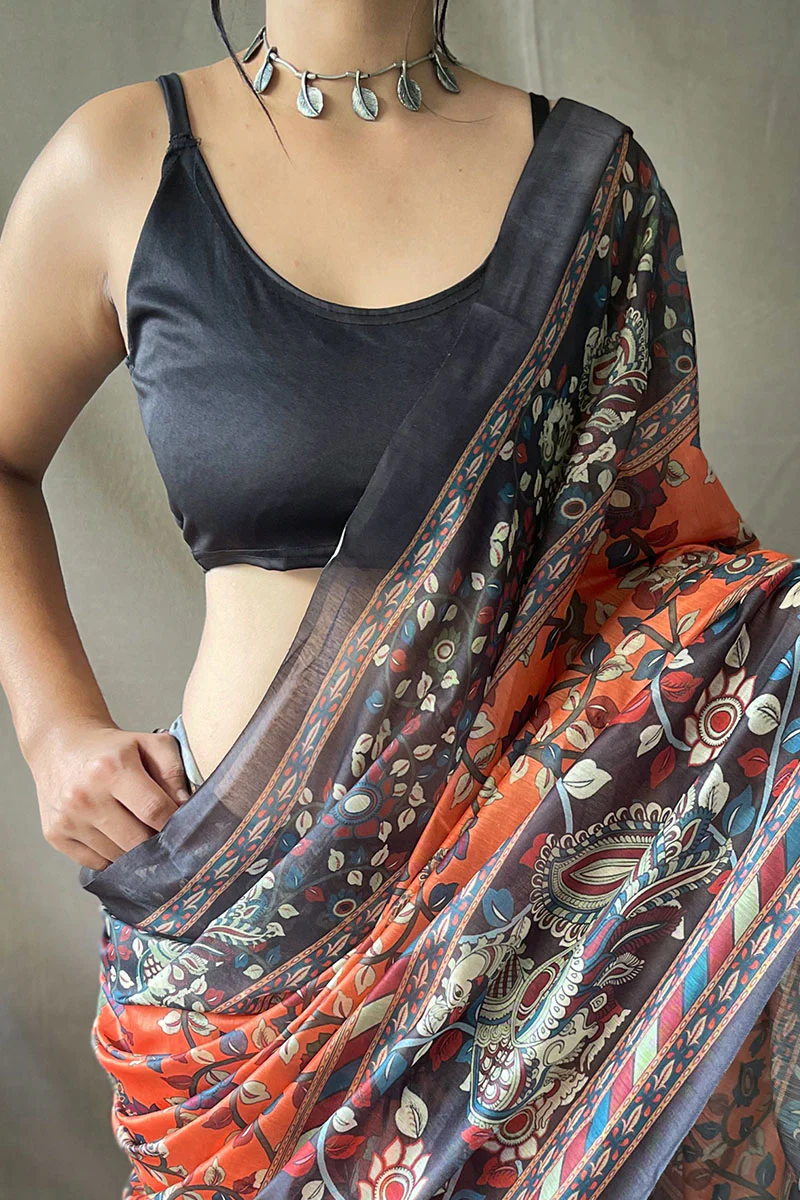 Beauteous Orange Kalamkari Printed Saree With Flamboyant Blouse Piece - Image 3