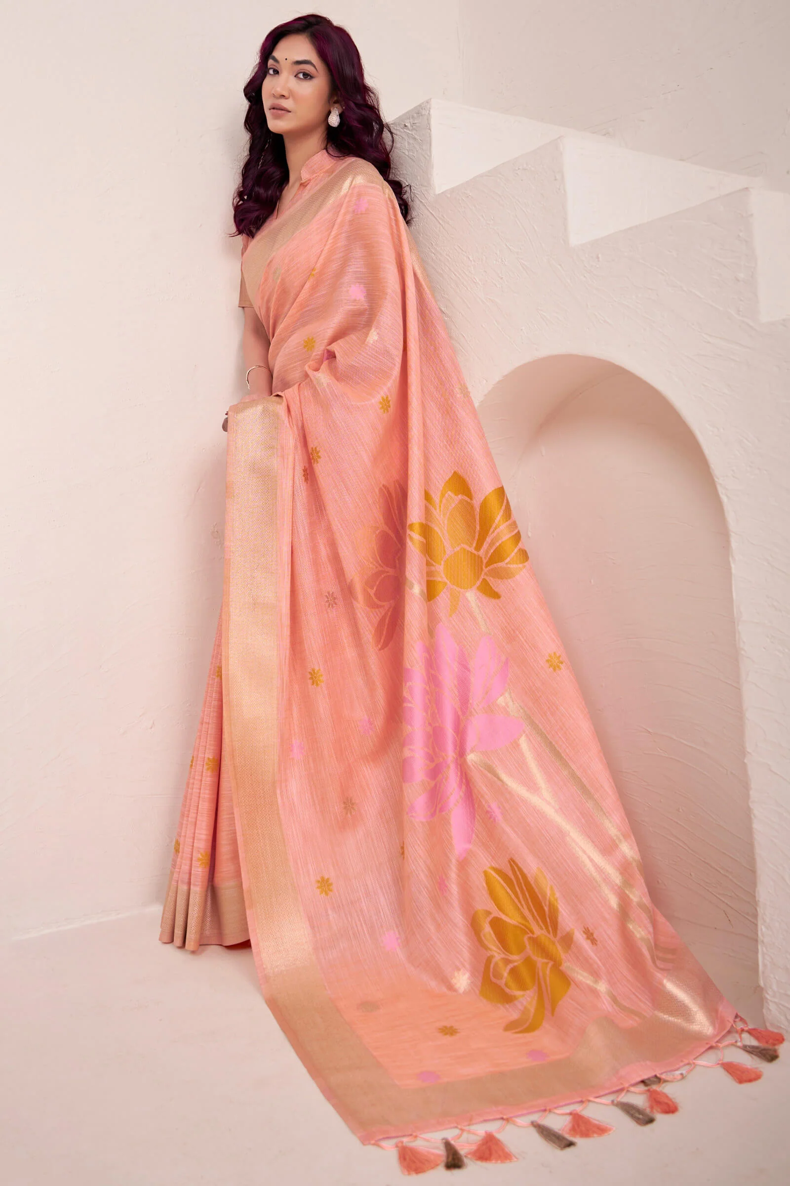Beauteous Peach Cotton Silk Saree With Embellished Blouse Piece - Image 3