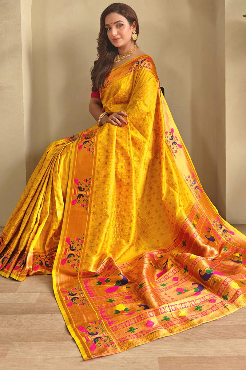 Beauteous Yellow Paithani Silk Saree With Lagniappe Blouse Piece - Image 2