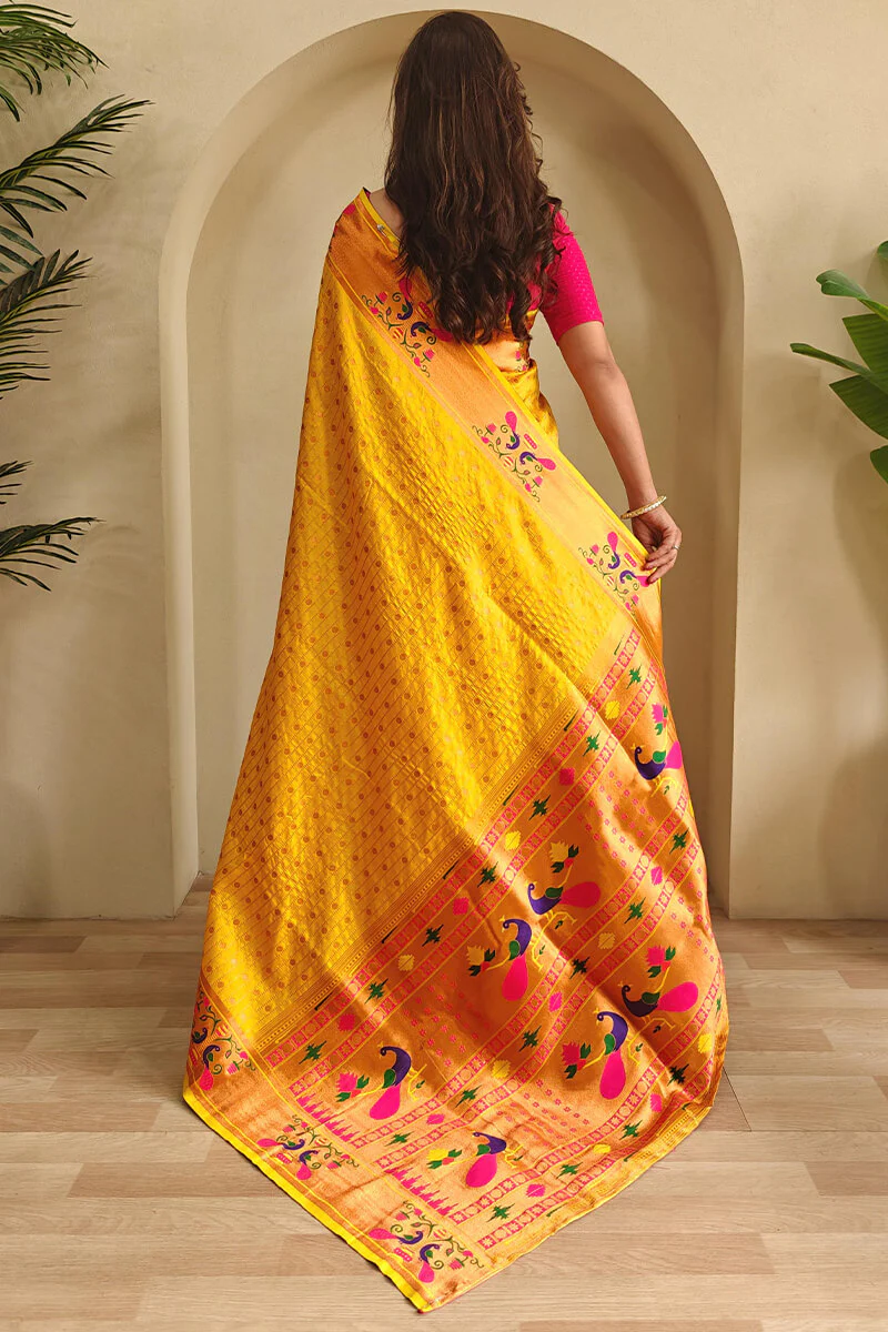 Beauteous Yellow Paithani Silk Saree With Lagniappe Blouse Piece - Image 3