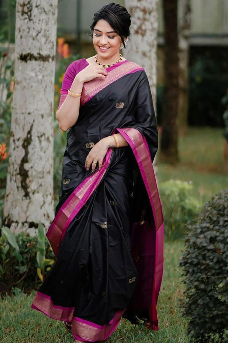 Beautiful Black Soft Banarasi Silk Saree With Girlish Blouse Piece - Image 4