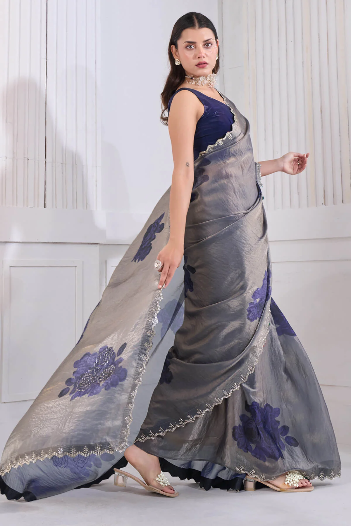 Beautiful Blue Jarkan Work Fandy Silk Saree - Image 4