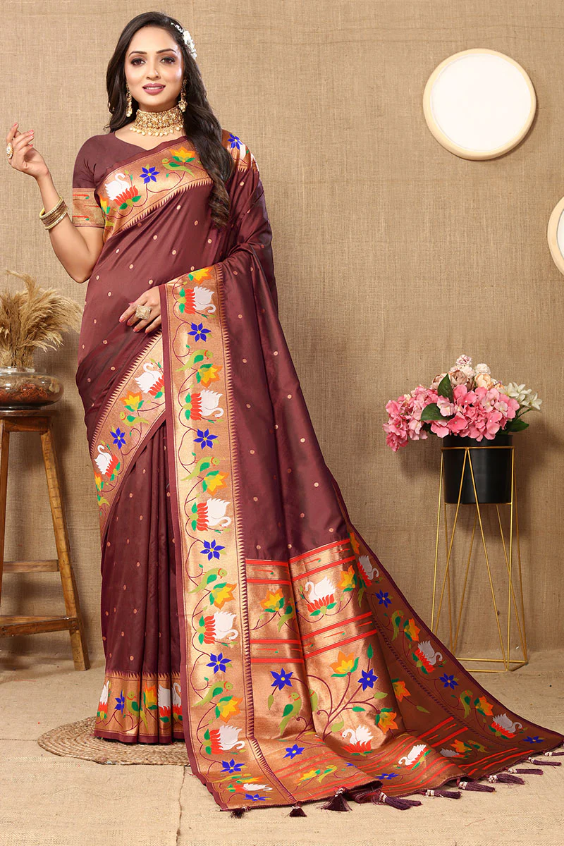 Beautiful Brown Paithani Silk Saree With Appealing Blouse Piece - Image 3