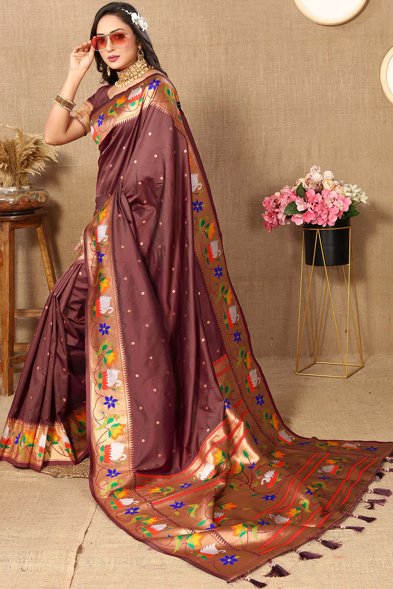 Beautiful Brown Paithani Silk Saree With Appealing Blouse Piece - Image 4