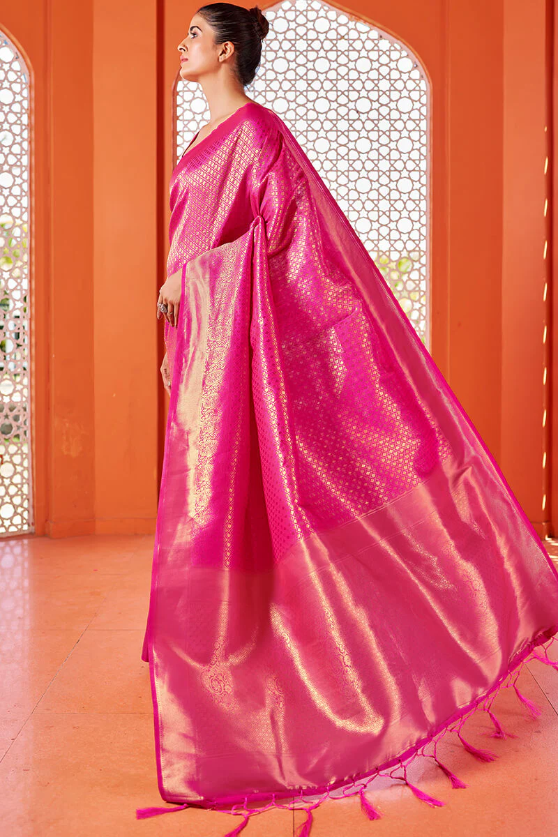 Beautiful Dark Pink Kanjivaram Silk Saree With Captivating Blouse Piece - Image 3