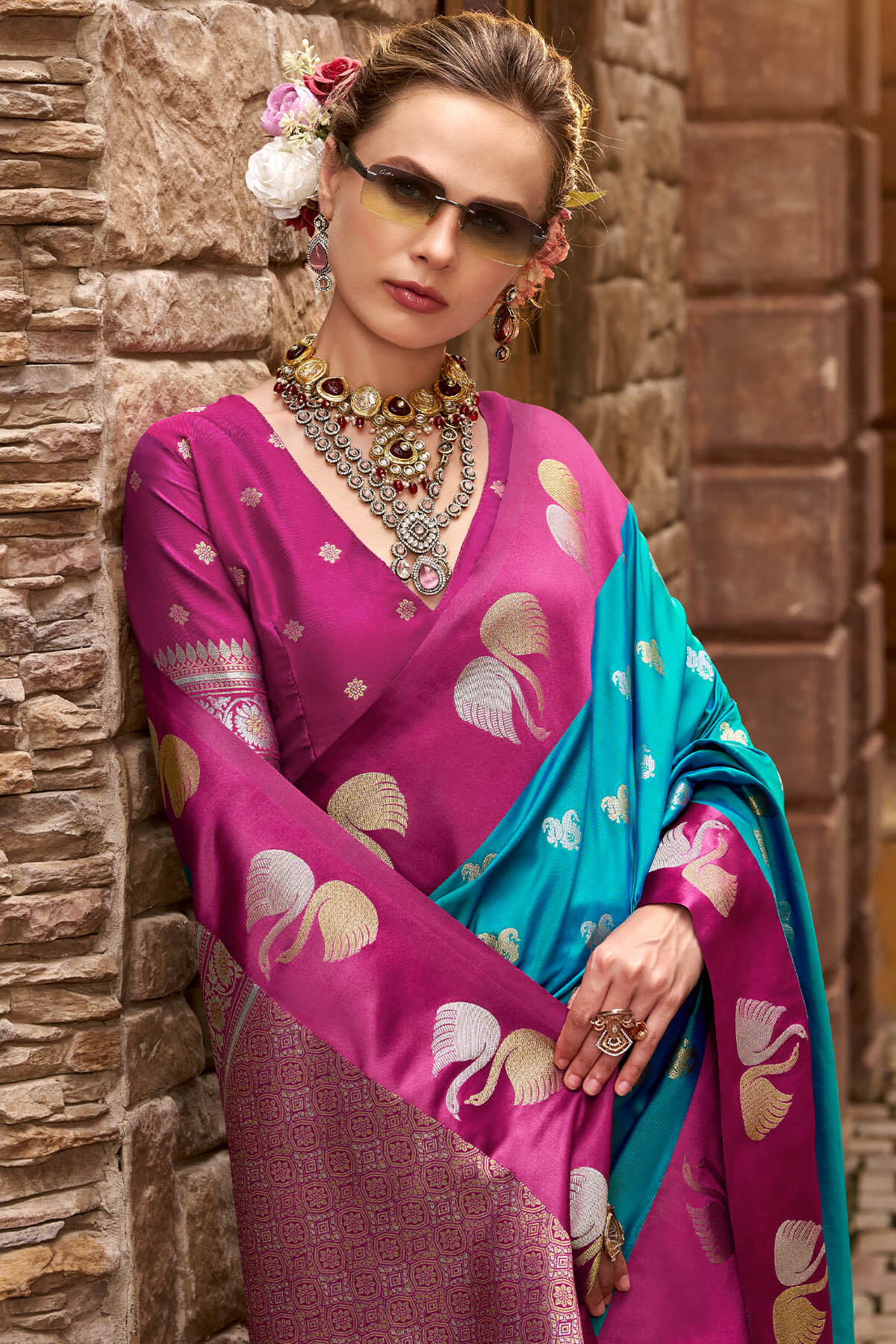 Beautiful Firozi Banarasi Satin Silk Saree With Whimsical Blouse - Image 2