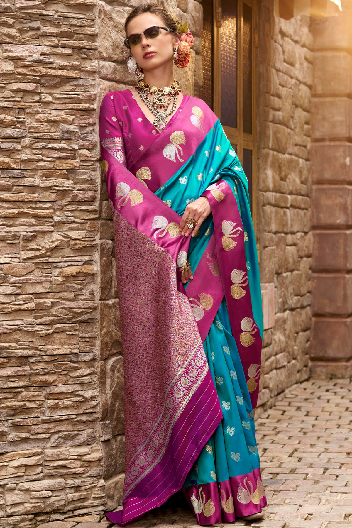 Beautiful Firozi Banarasi Satin Silk Saree With Whimsical Blouse - Image 3