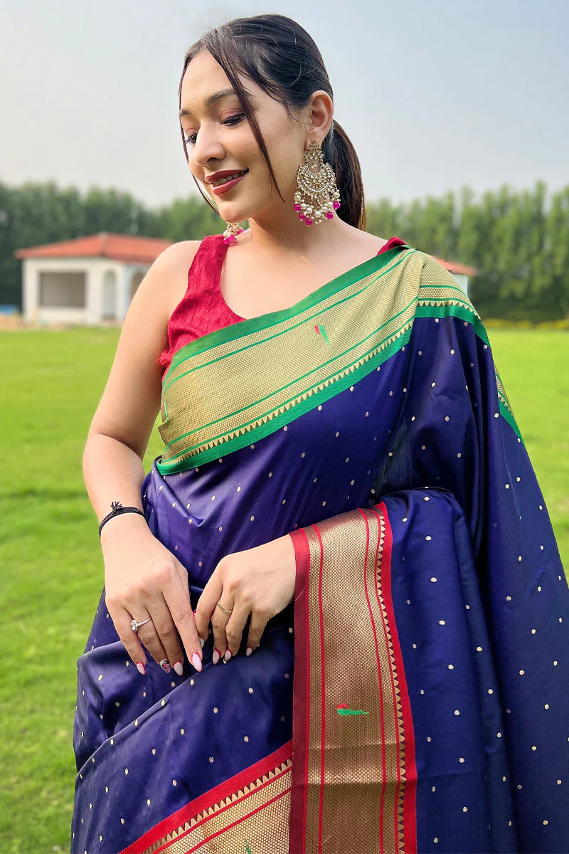 Beautiful Navy Blue Paithani Silk Saree With Desiring Blouse Piece - Image 2