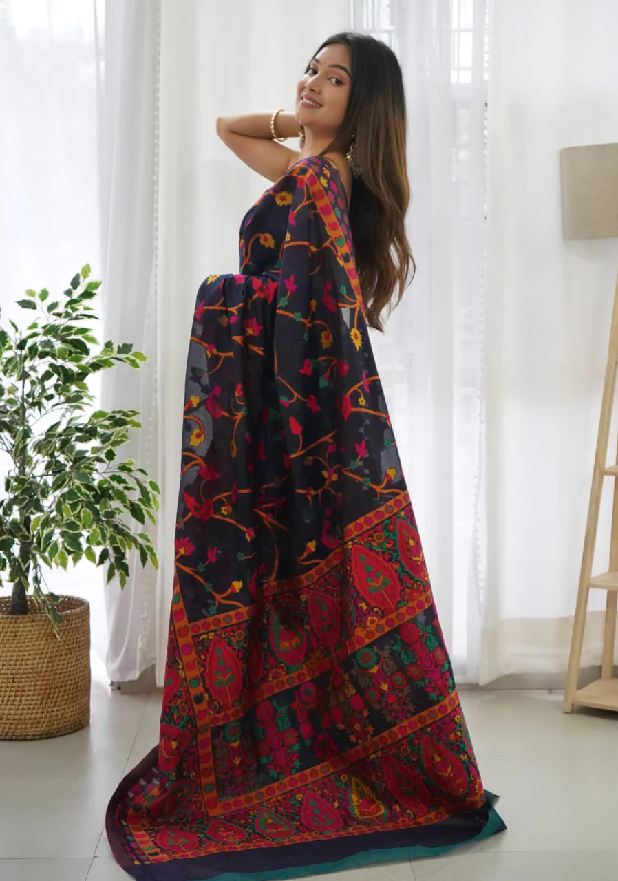 Beautiful Navy Blue Pashmina saree With Blooming Blouse Piece - Image 4
