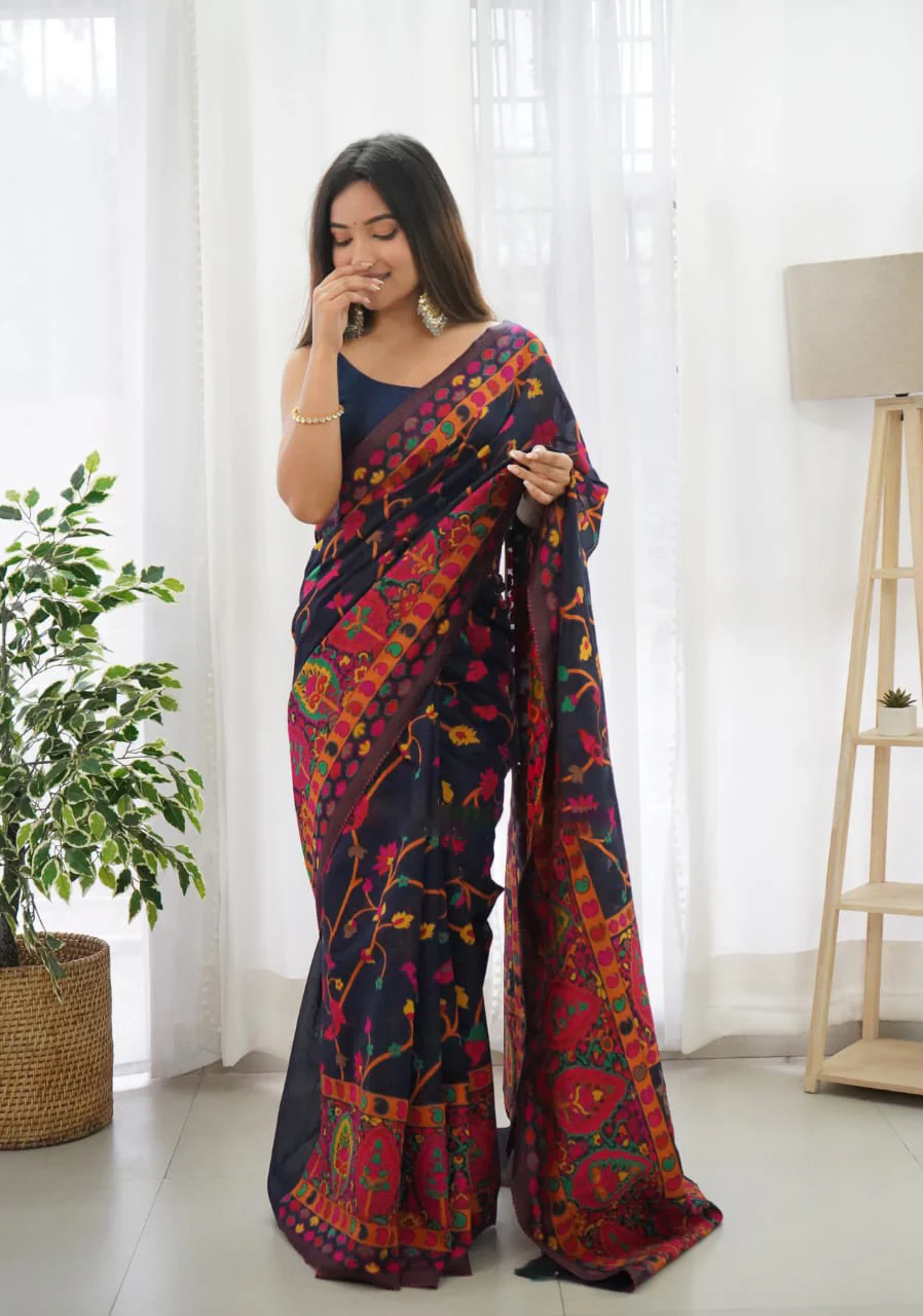 Beautiful Navy Blue Pashmina saree With Blooming Blouse Piece - Image 5