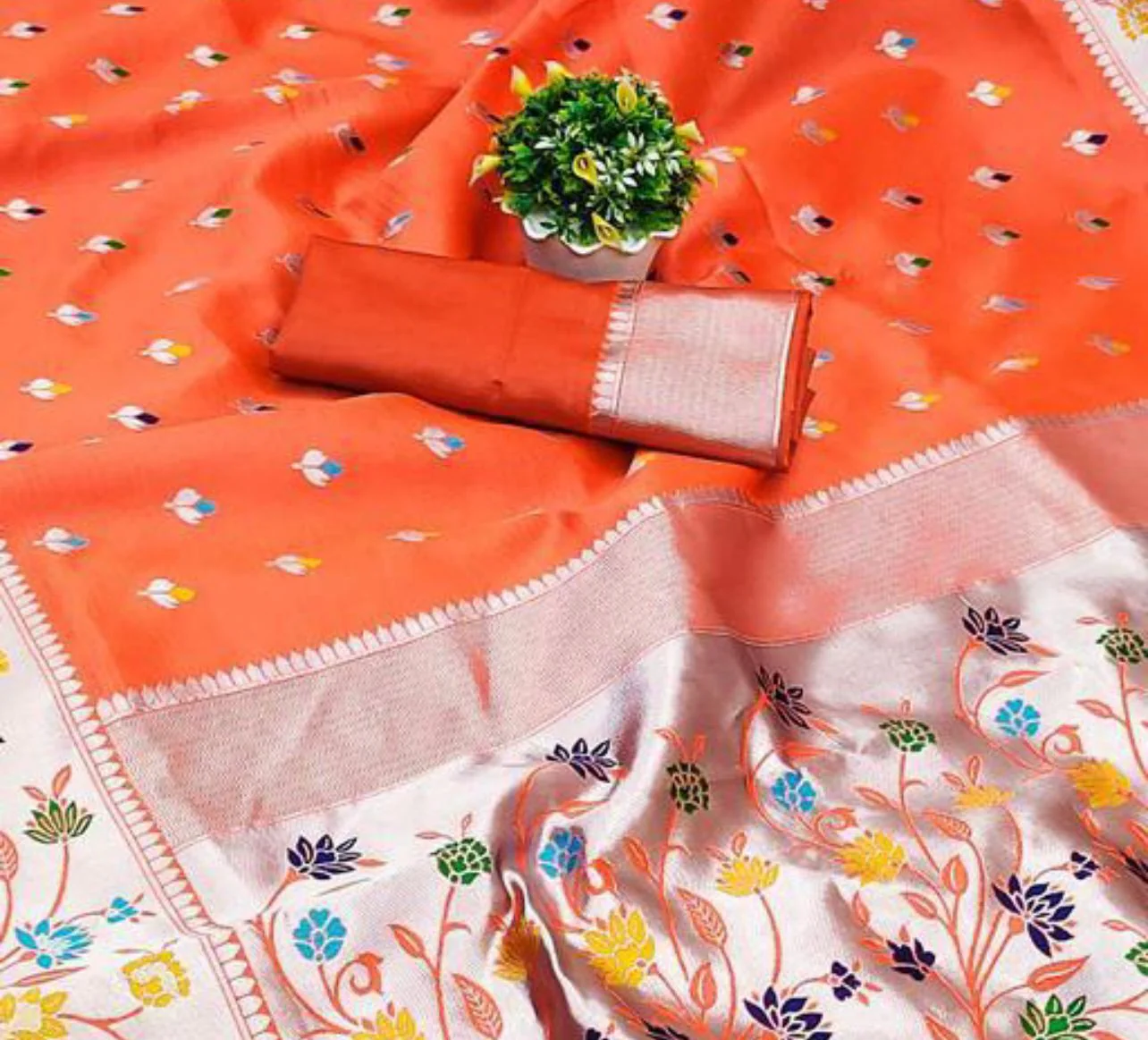 Beautiful Orange Paithani Silk Saree With Engrossing  Blouse Piece - Image 3