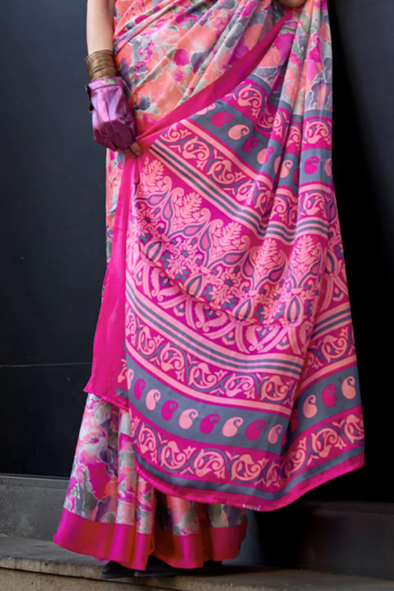 Beautiful Pink Digital Printed Satin Silk Saree With Outstanding Blouse Piece - Image 3