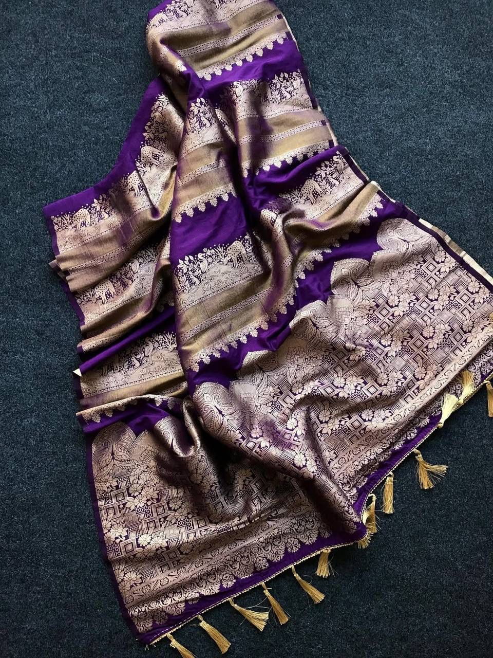 Beautiful Purple Banarasi Dola Silk Saree With Captivating Blouse Piece - Image 2