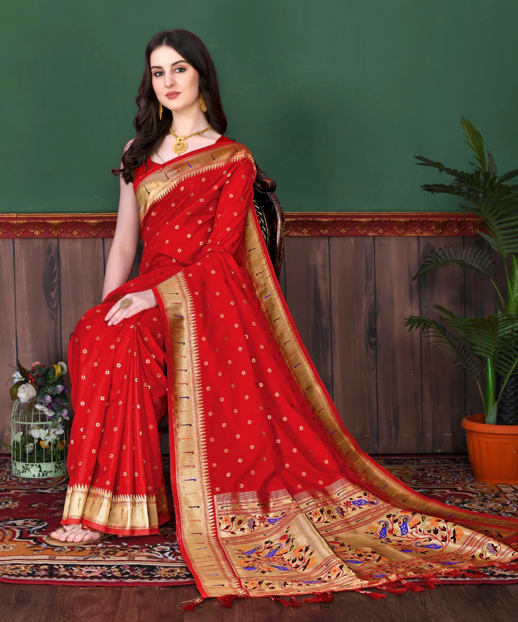 Beautiful Red Paithani Silk Saree With Ethnic Blouse Piece - Image 3