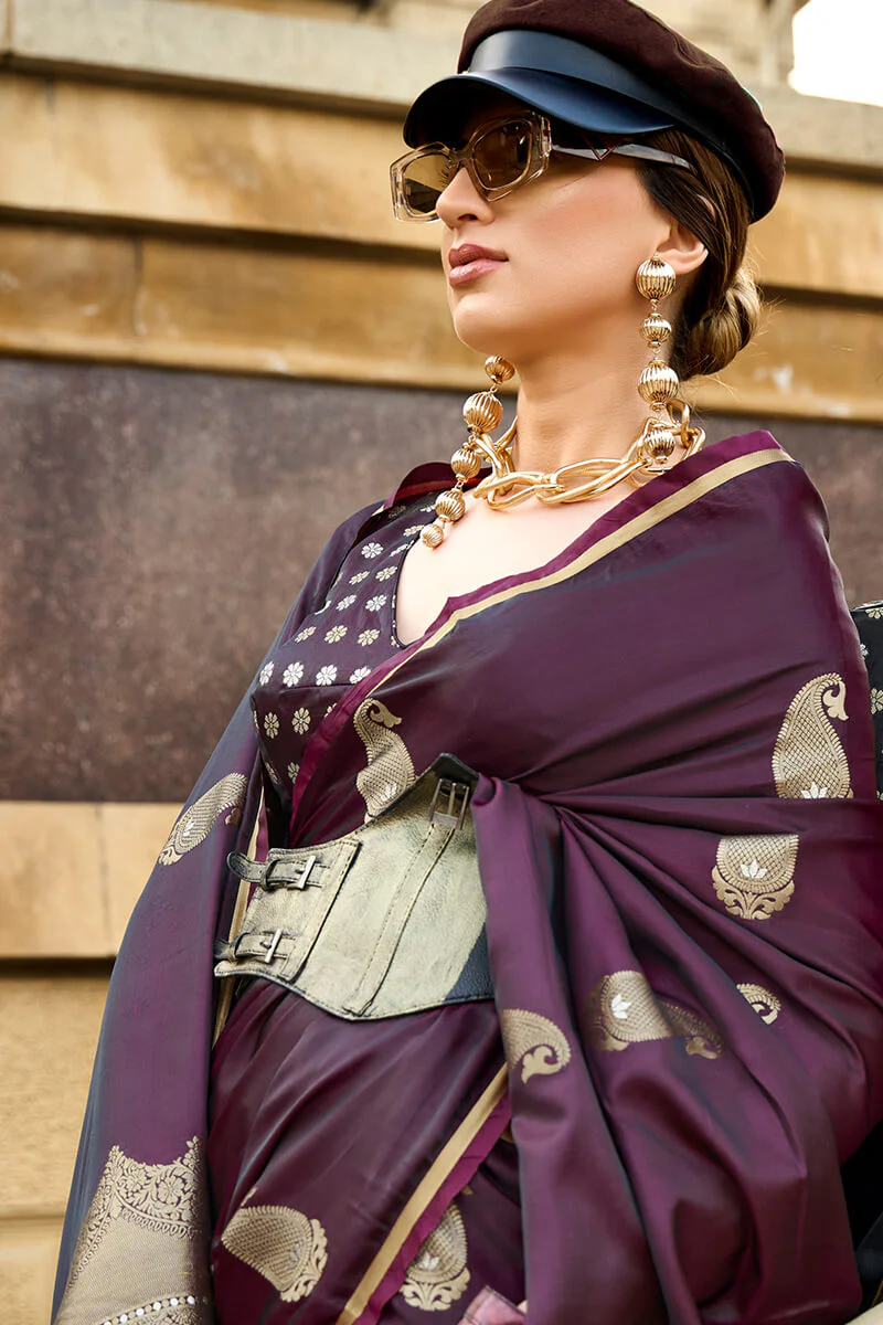 Beautiful Wine Banarasi Satin Silk Saree With Desiring Blouse - Image 2