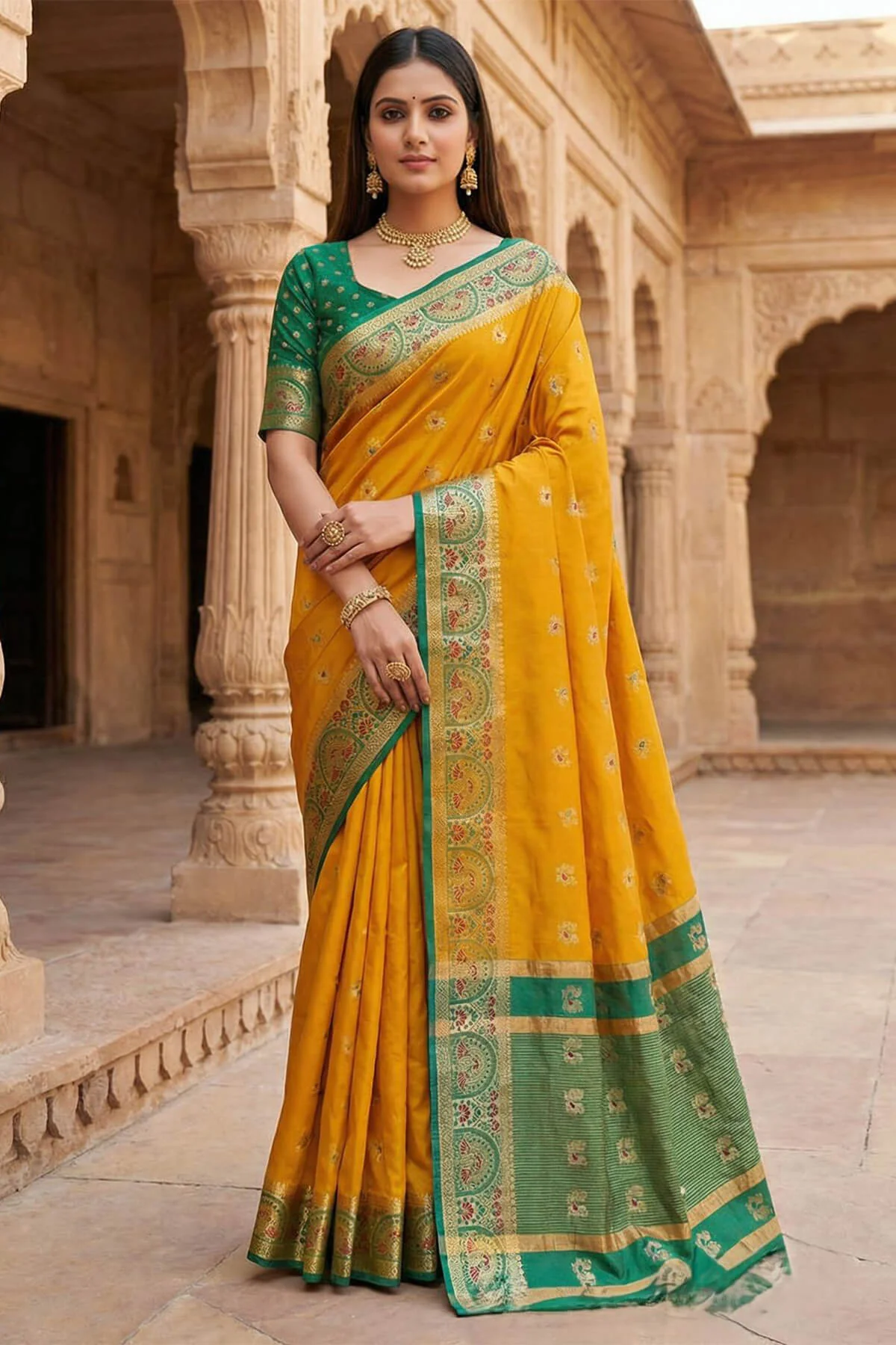 Beautiful Yellow Pure Zari Weaving Banarasi Silk Saree With Captivating Blouse Piece