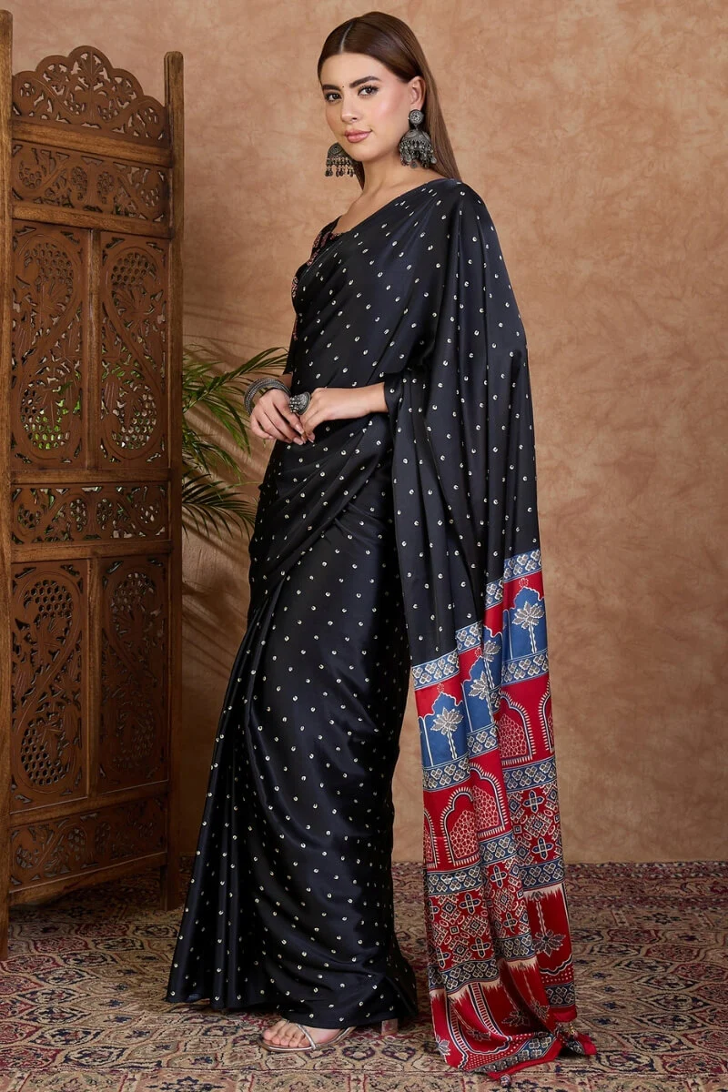 Beguiling Black Ajrakh Printed Semi Modal Silk Saree With Ephemeral Blouse Piece - Image 5